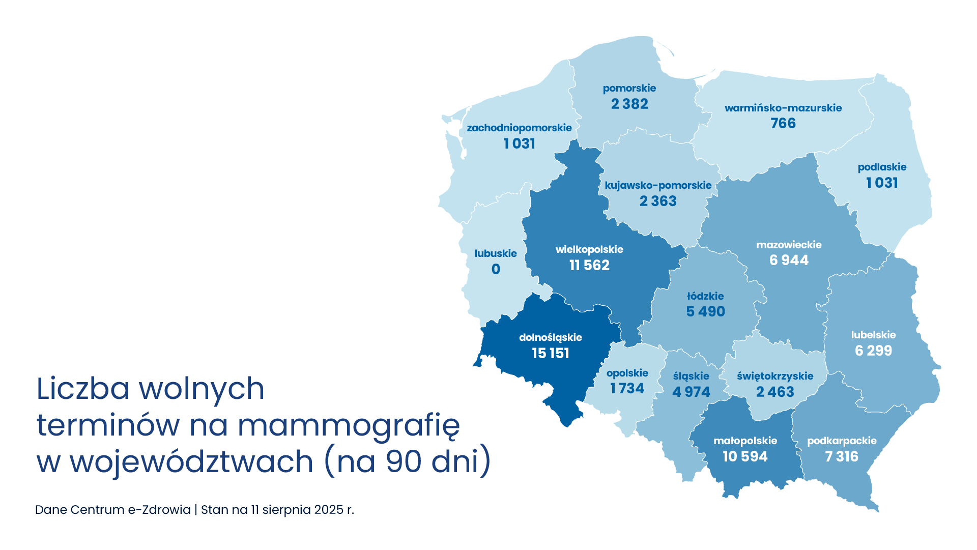 Mapa województw z liczbą terminów na mammografię