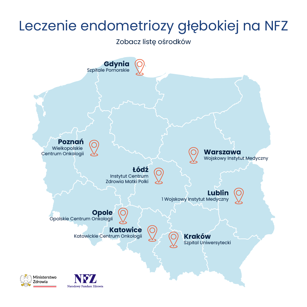 Mapa Polski z ośrodkami leczenia endometriozy