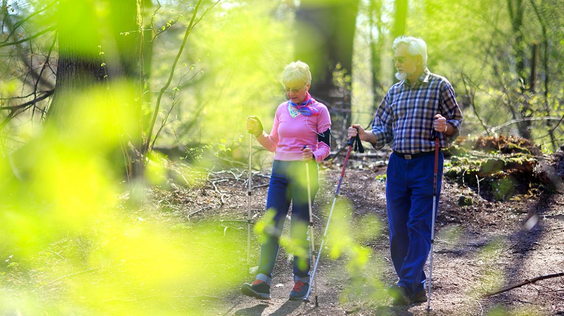 starsza para uprawia nordic walking