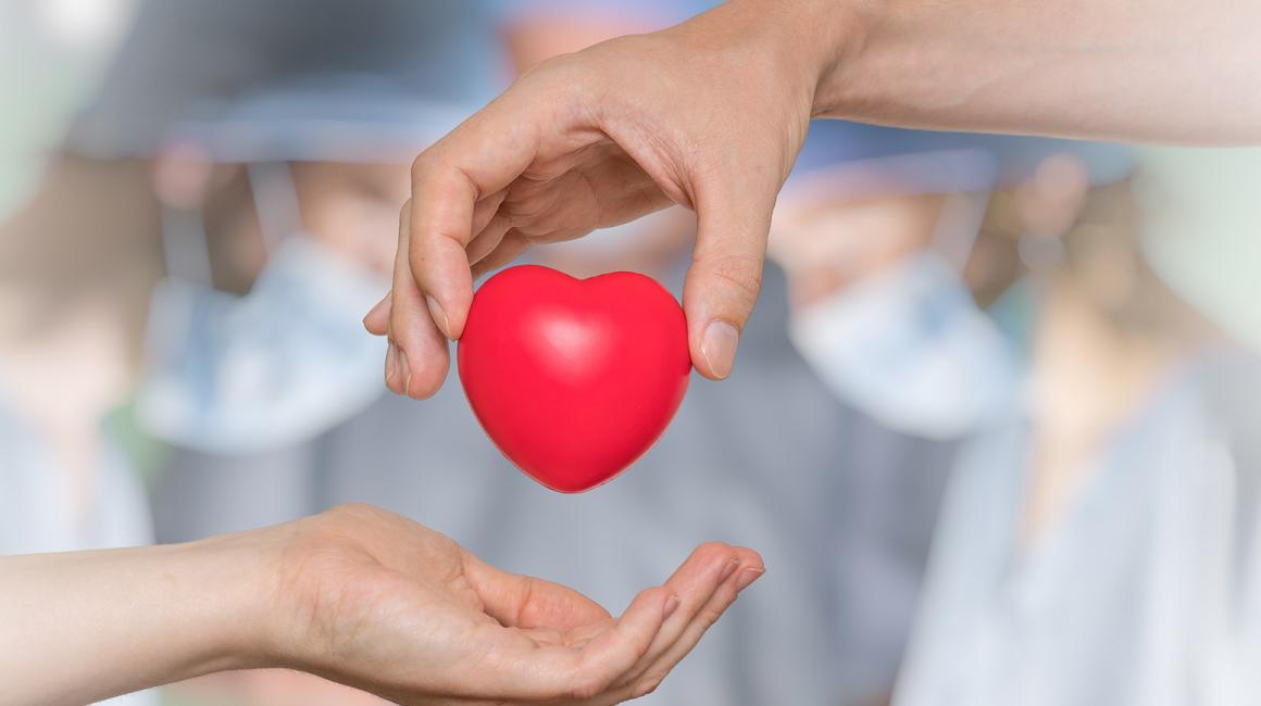 Serce przekazywane z dłoni jednej osoby w dłoń drugiej osoby. W tle lekarze podczas operacji 