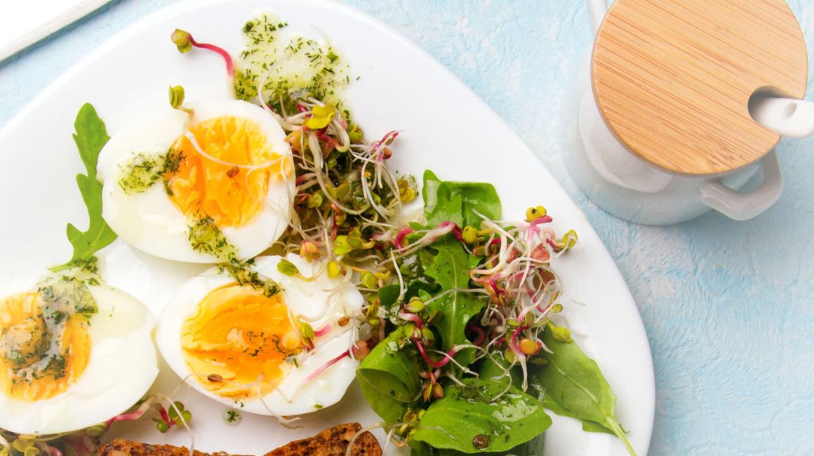 Zdrowe śniadanie. Jajka ugotowane na twardo, świeże kiełki rzodkiewki, rukola z sosem ziołowym i kromki pełnoziarnistego ciemnego chleba.