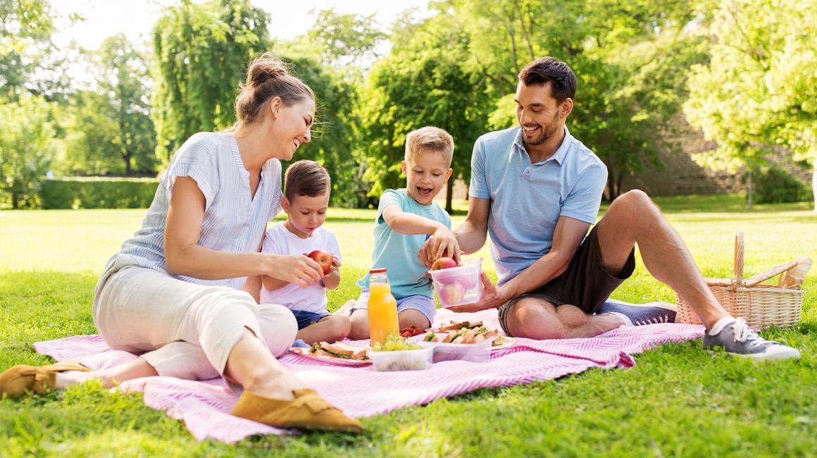 rodzina z dwójką dzieci na pikniku