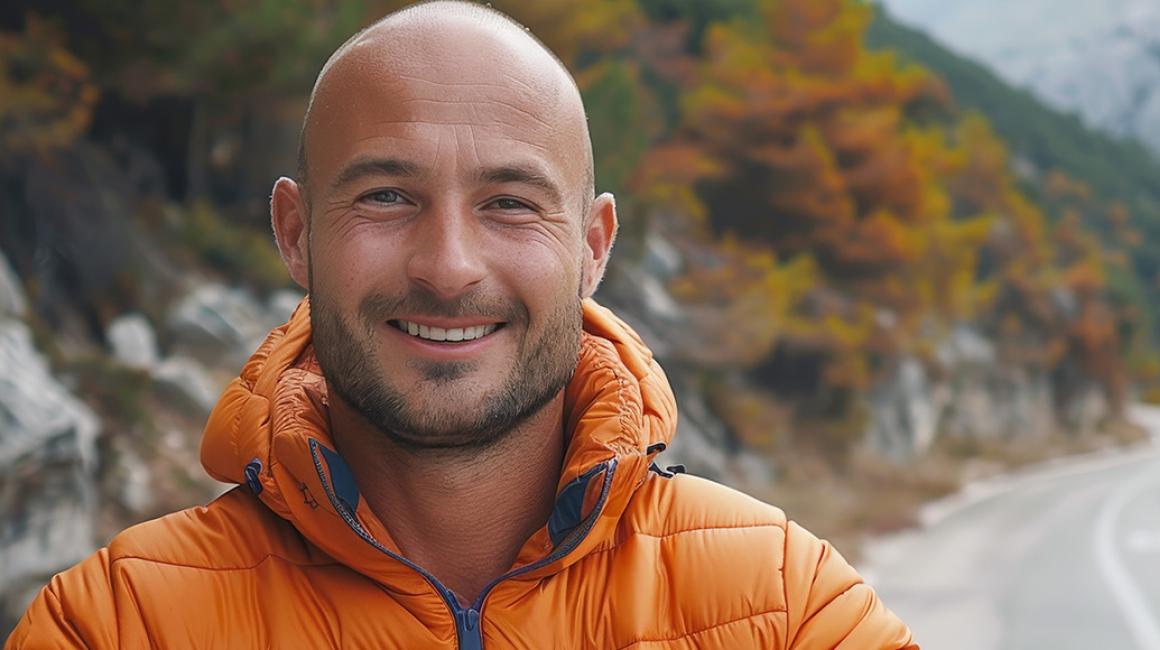 łysięjący mężczyzna w górach