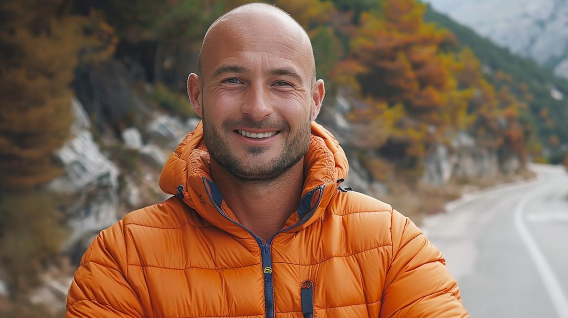 łysięjący mężczyzna w górach