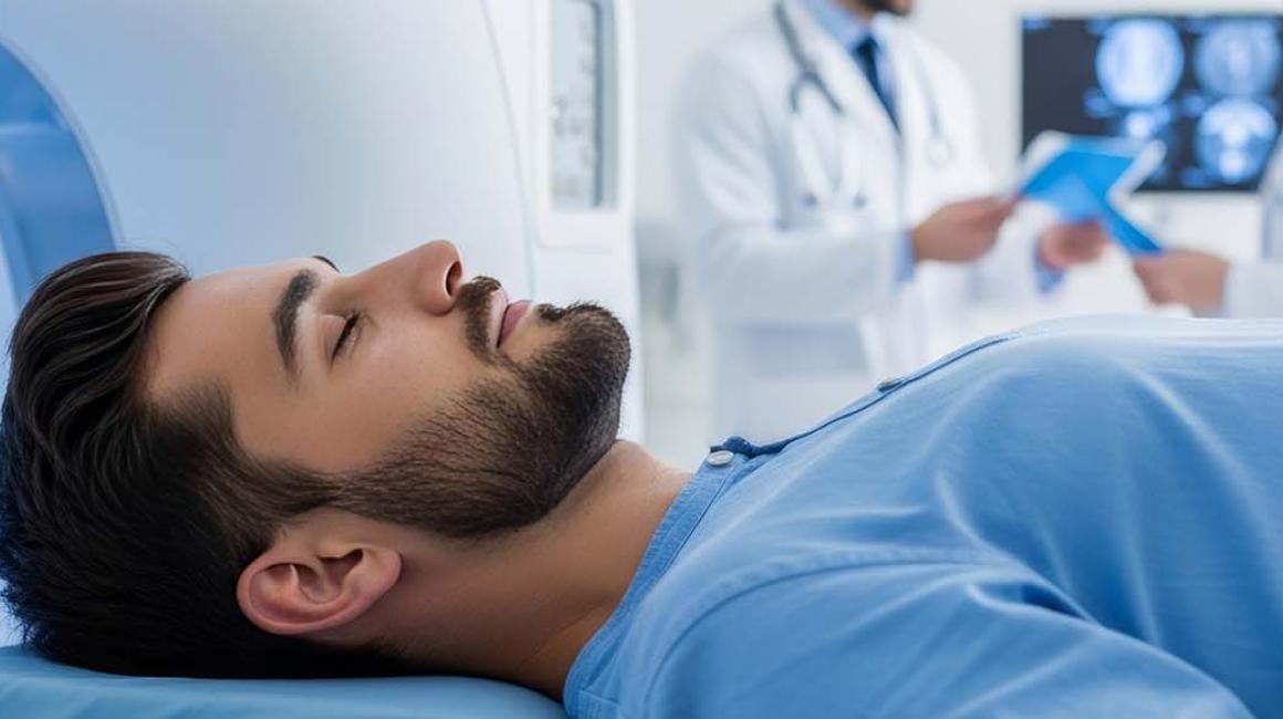 Mężczyzna leżż przygotowany do badań