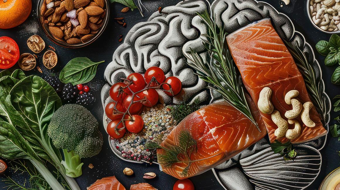 kolorowe warzywa i ryby ułożone w kształcie mózgu