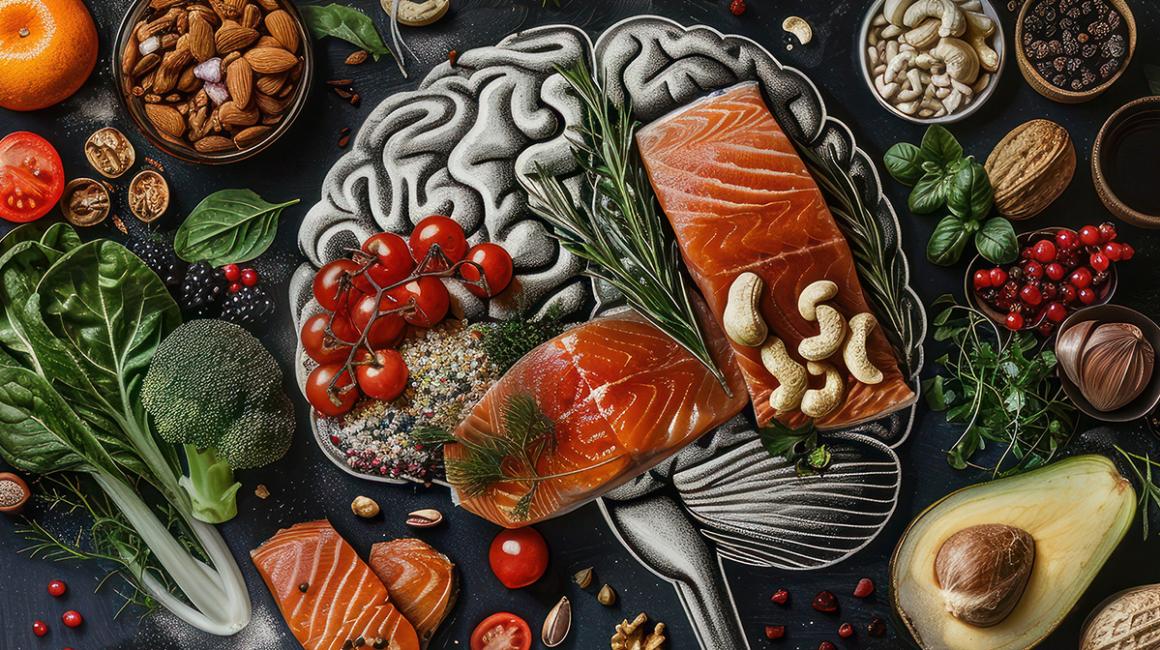 kolorowe warzywa i ryby ułożone w kształcie mózgu