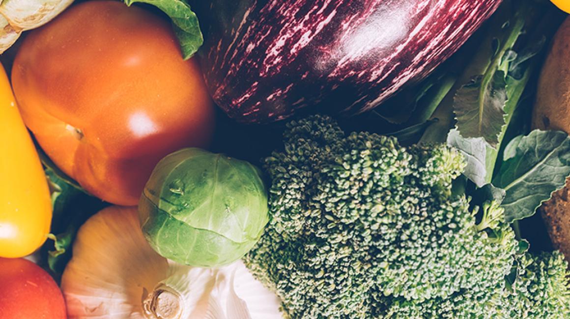 warzywa w zbliżeniu: papryka, brokuł, bakłażan, pomidor