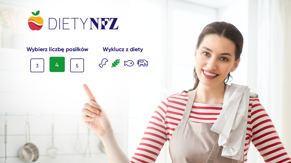 kobieta w fartuszku wskazuje logo diety nfz