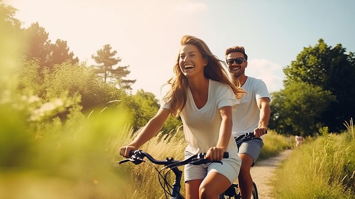 meżczyzna z kobietą jadą na rowerach