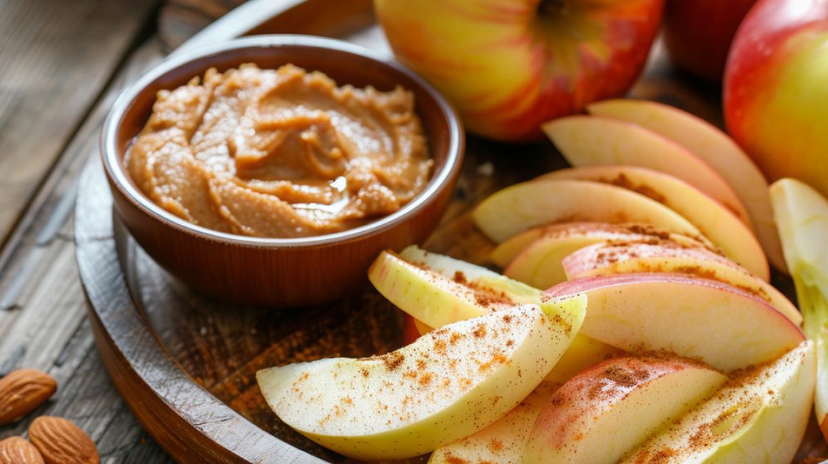 talerz z pokrojonymi jabłkami i pastą w miseczce