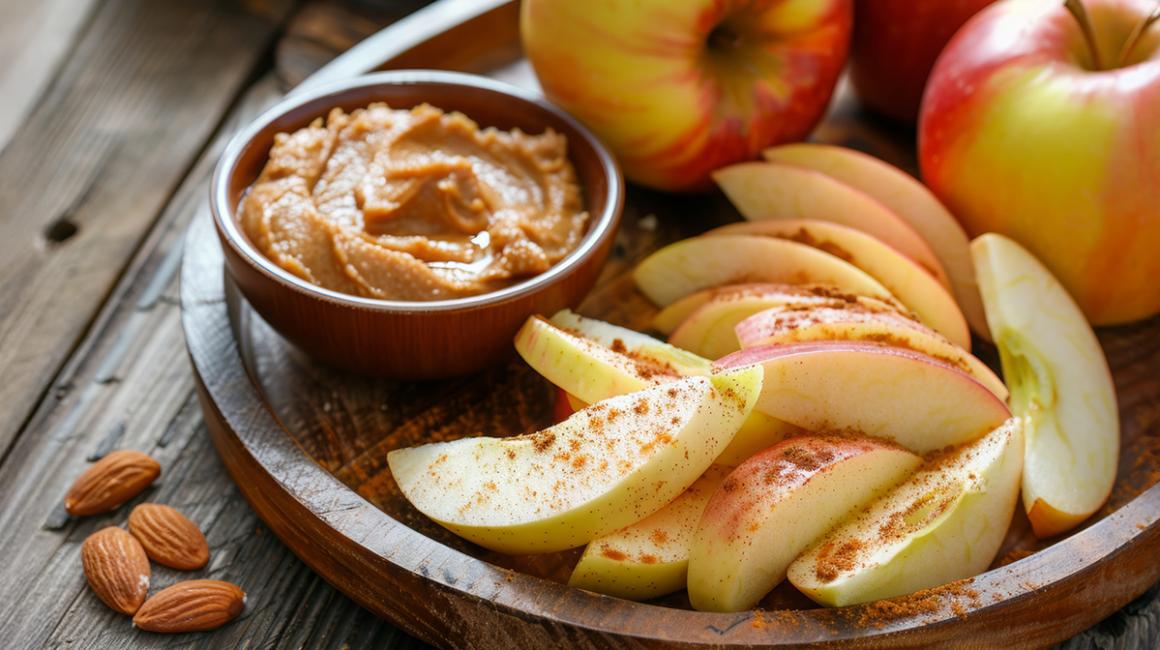 talerz z pokrojonymi jabłkami i pastą w miseczce