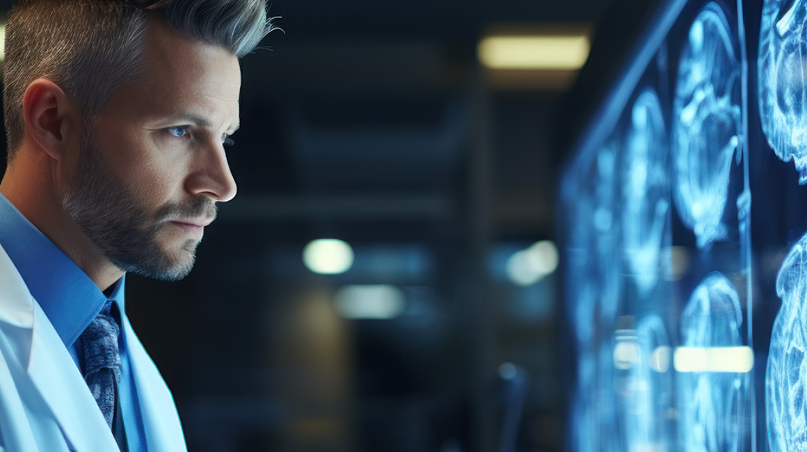 lekarz ogląda zdjęcie głowy na monitorze