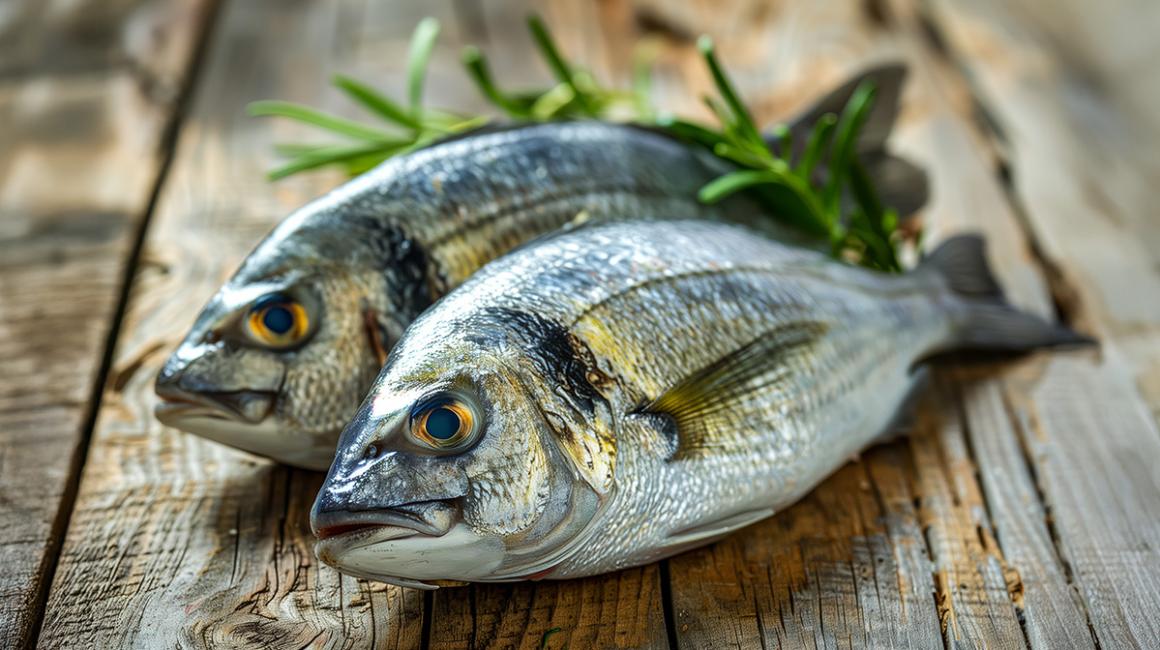 dwie ryby leżą na drewnianym stole