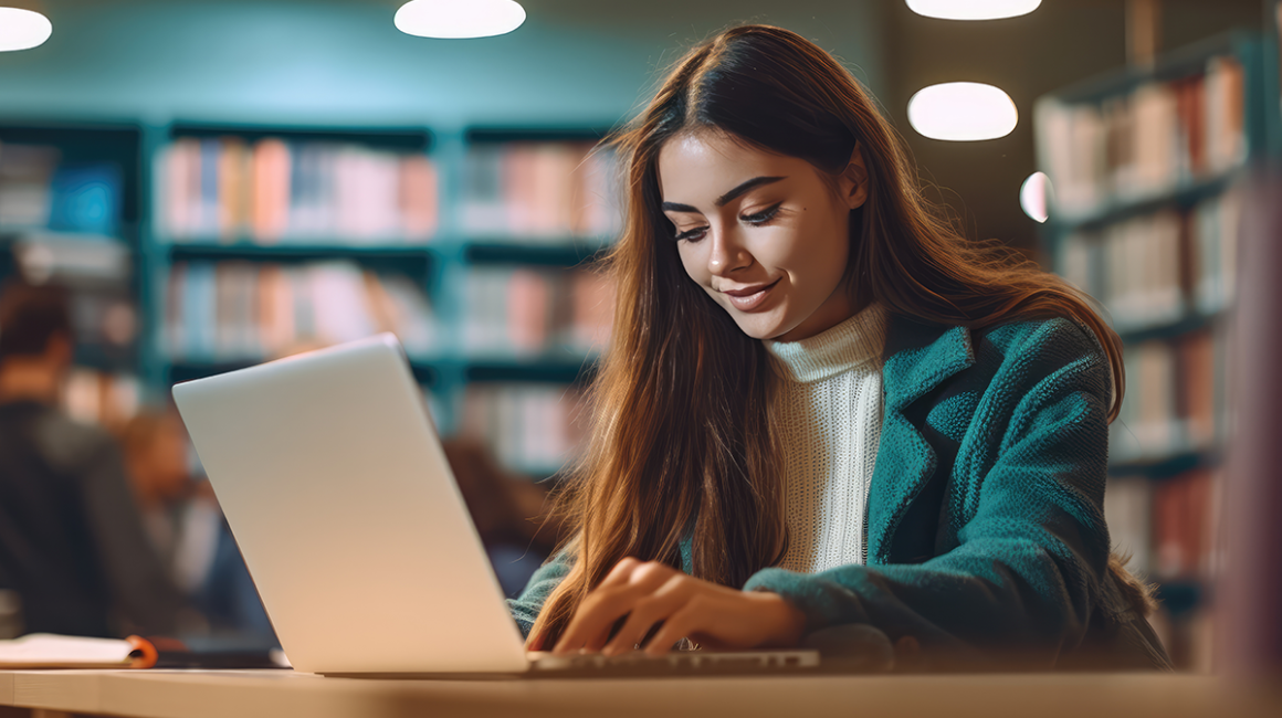 Dziewczyna z laptopem w bibliotece