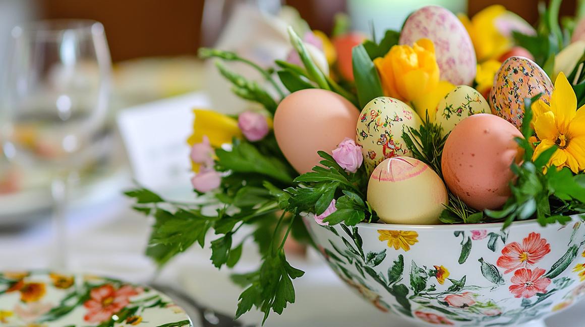pisanki w kolorowej misce na wielkanocnym stole