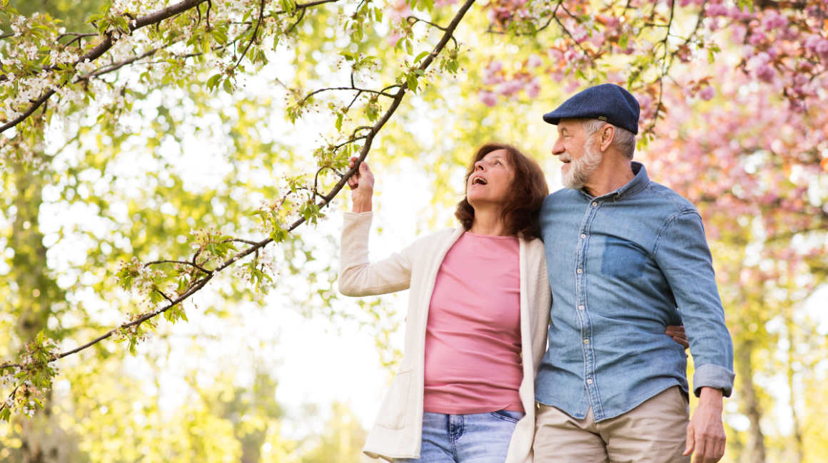 Para ludzi spaceruje po kwitnącym parku