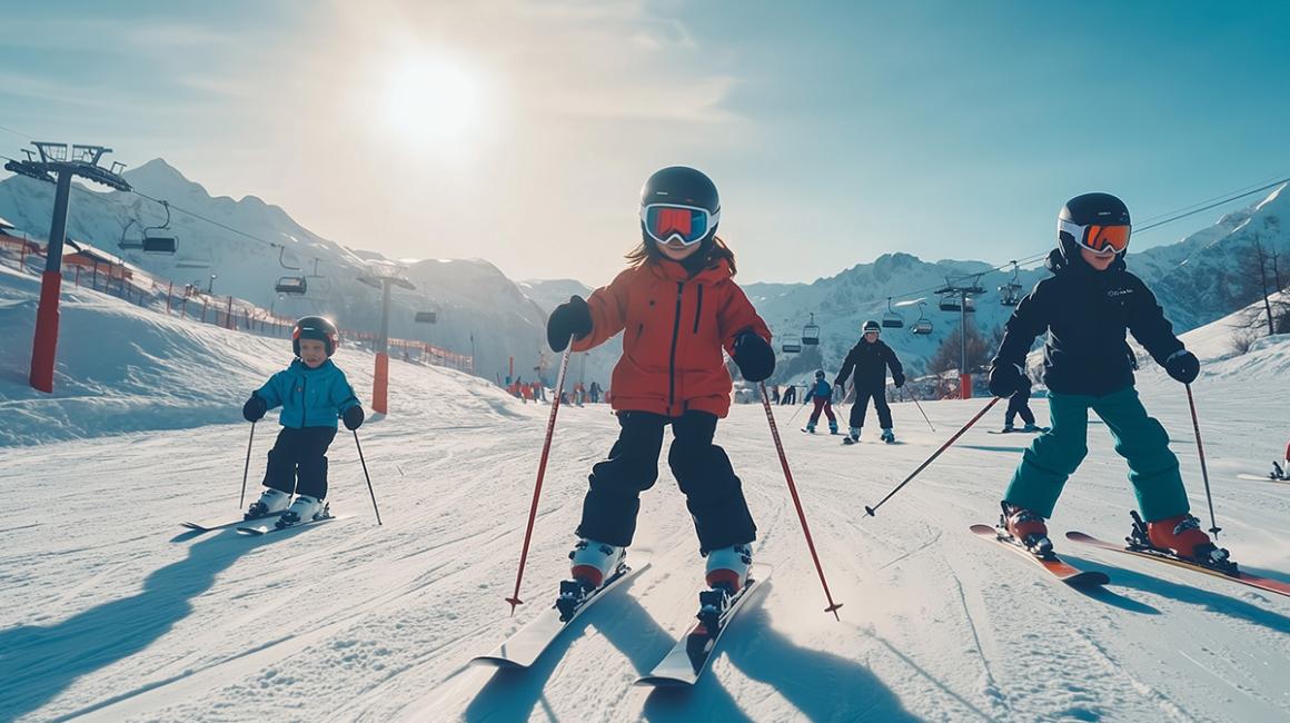 dzieci na nartach w górach