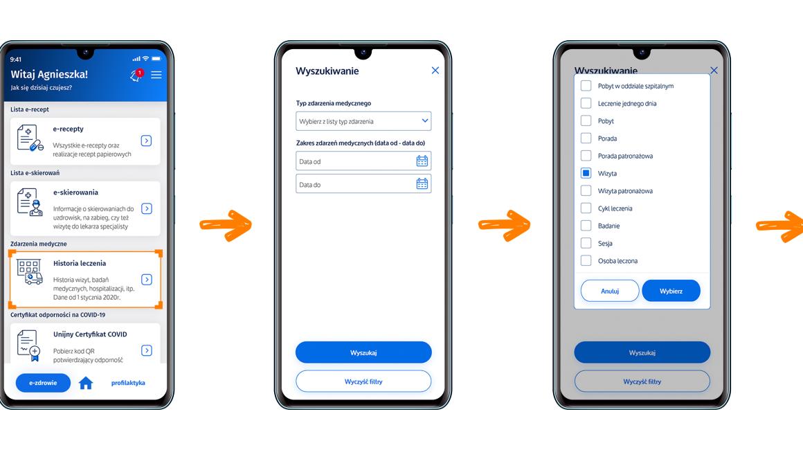 Zrzuty ekranów, które pokazują jak wyszukiwać zdarzenia medyczne.