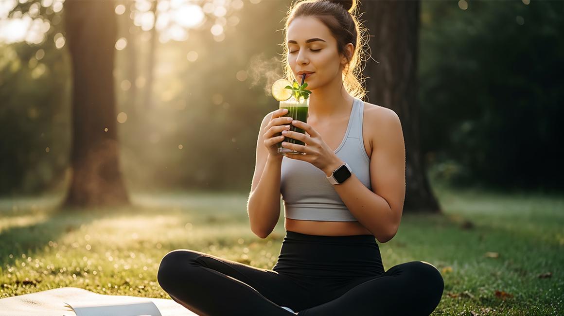 kobieta siedzi na trawie i pije zielony koktajl