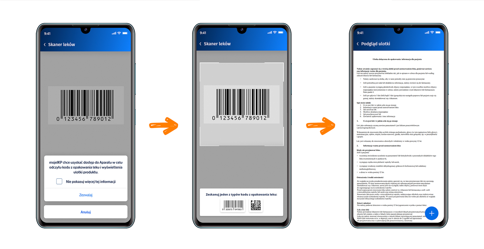 Zrzuty kolejnych ekranu, które pojawiają się przy uruchomieniu skanera leków