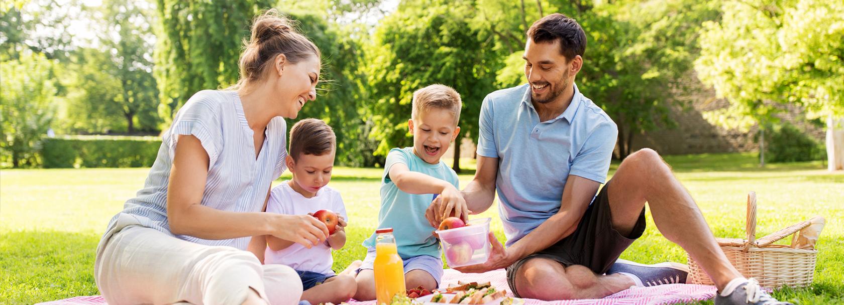 rodzina z dwójką dzieci na pikniku