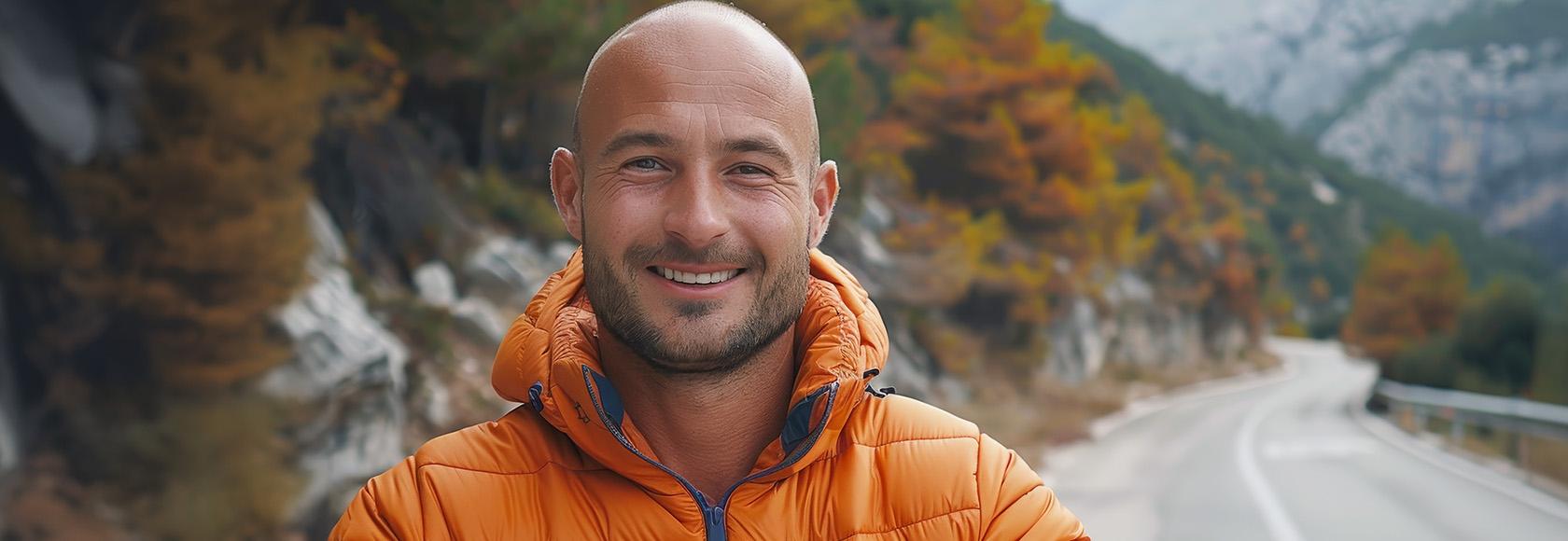 łysięjący mężczyzna w górach