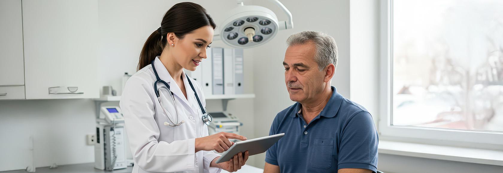 lekarka pokazuje kartę pacjentowi