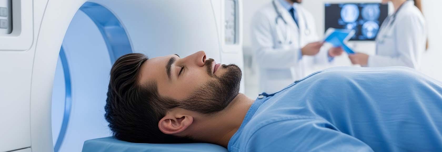 Mężczyzna leżż przygotowany do badań