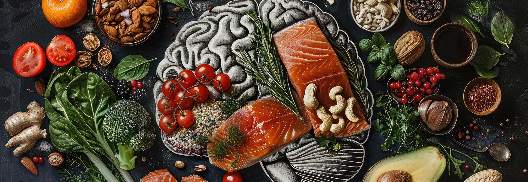 kolorowe warzywa i ryby ułożone w kształcie mózgu