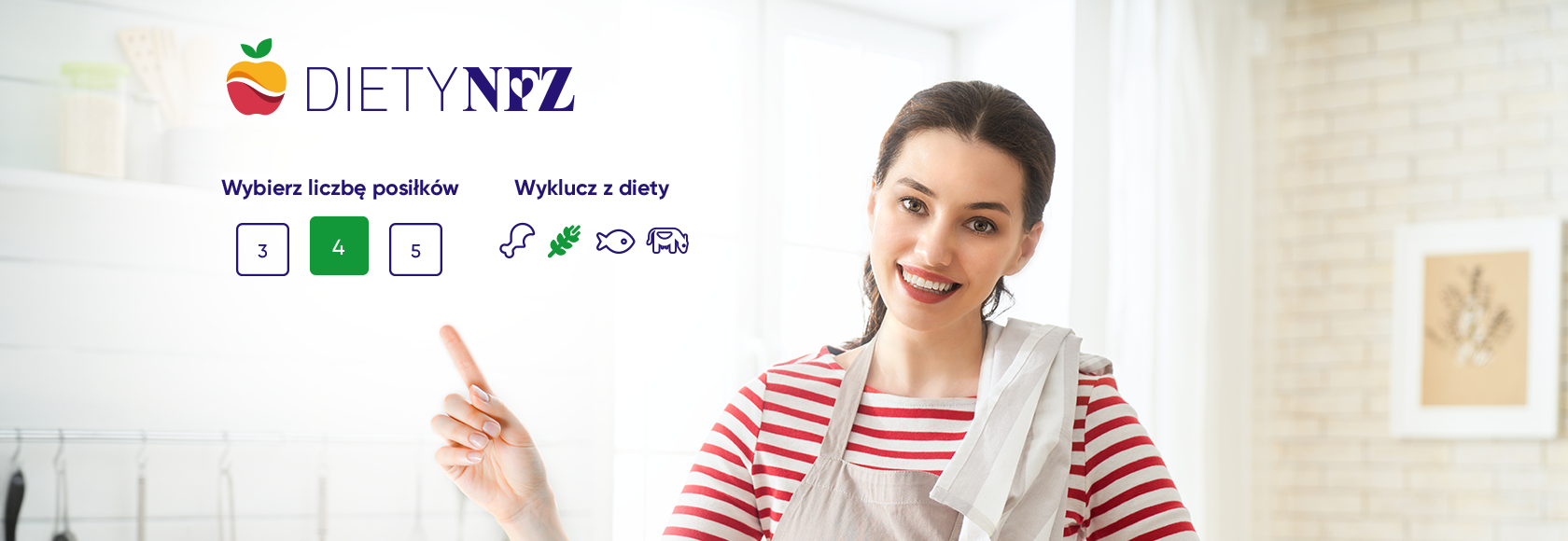 kobitea w fartuszku wskazuje logo diety nfz