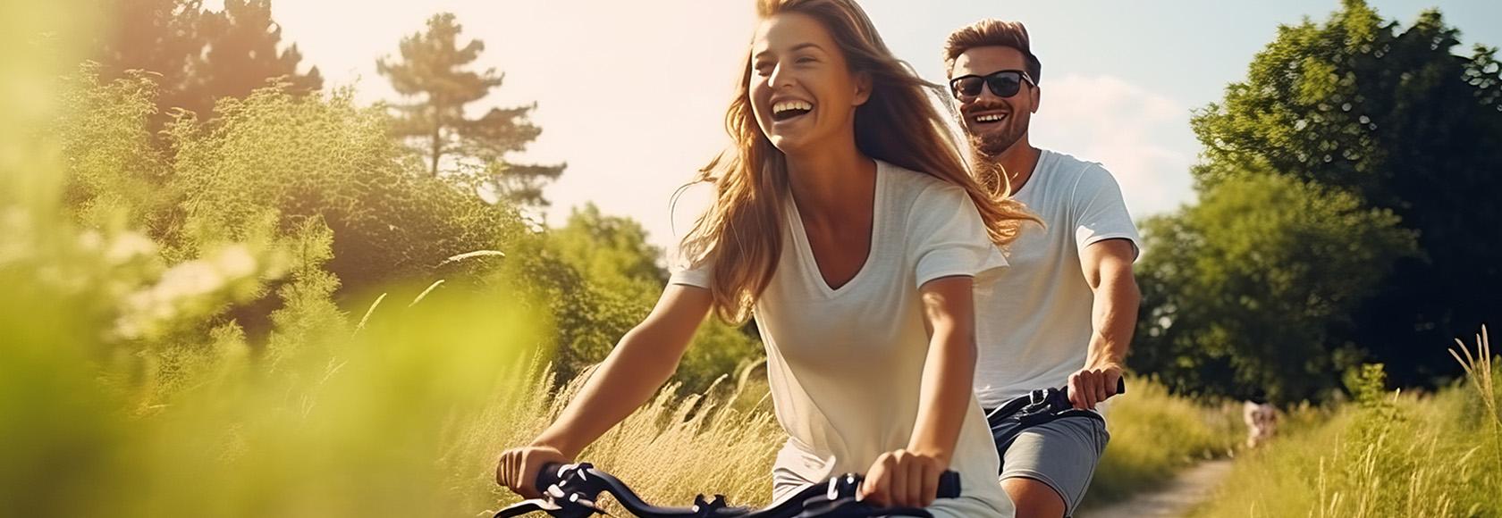 mężczyzna i kobieta jadą na rowerach