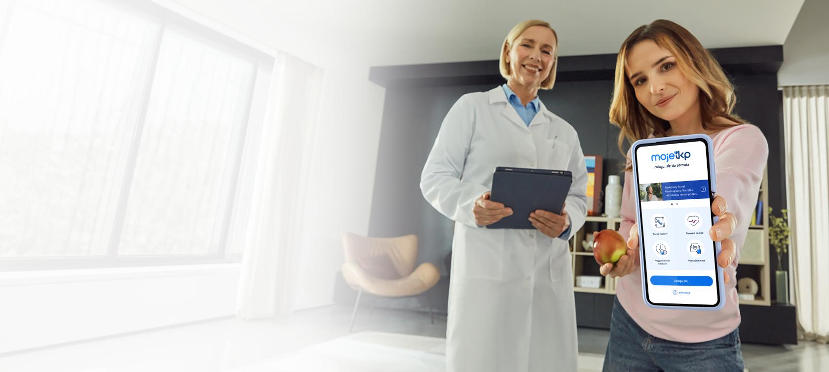 baner z filmu, kobieta z aplikacją mojeIKP i lekarka