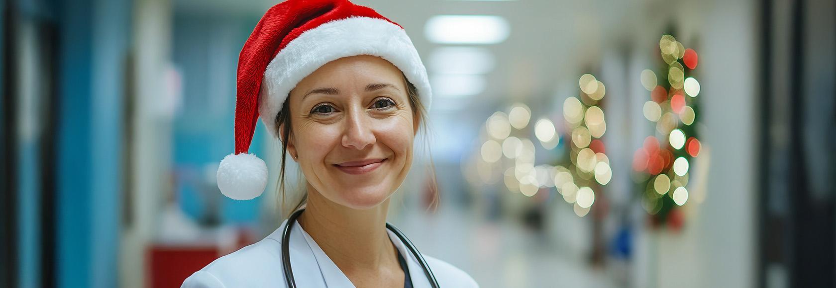lekarka w czapce mikołaja na tle korytarza szpitalnego 