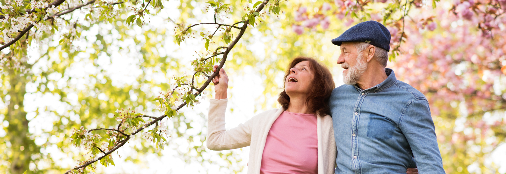 Para spaceruje po kwitnącym parku