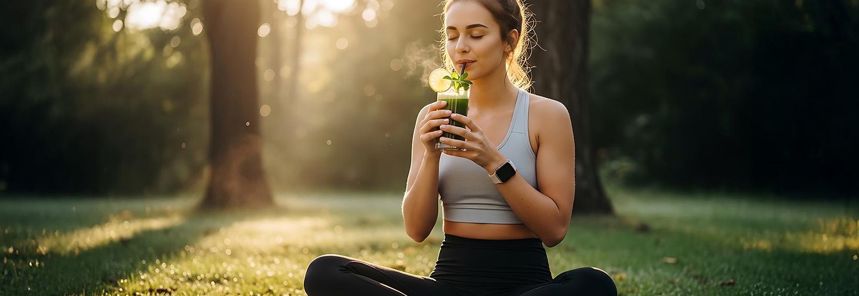 kobieta siedzi na trawie i pije zielony koktajl