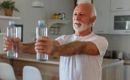 starszy pan ćwiczy w domu z małymi butelkami wody