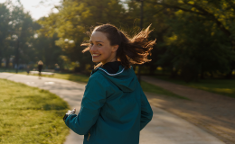 Kobieta biegnie przez park