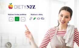 kobieta w fartuszku wskazuje logo diety nfz