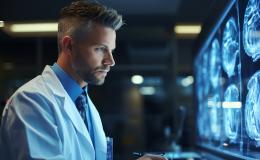 Lekarz ogląda zdjęcie glowy na monitorze