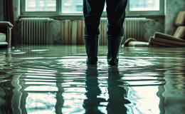 kalosze osoby stojącej w wodzie, w tle zalane mieszkanie