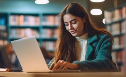 Dziewczyna z laptopem w bibliotece