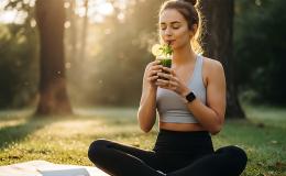 kobieta siedzi na trawie i pije zielony koktajl