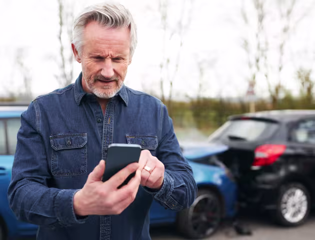 w tle zderzenie 2 aut mężczyzna z siwą bródką patrzy na telefon