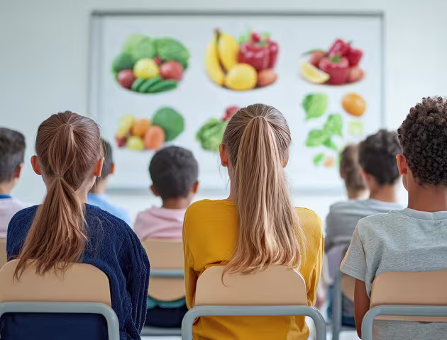 dzieci na lekcji o zdrowym odżywianiu