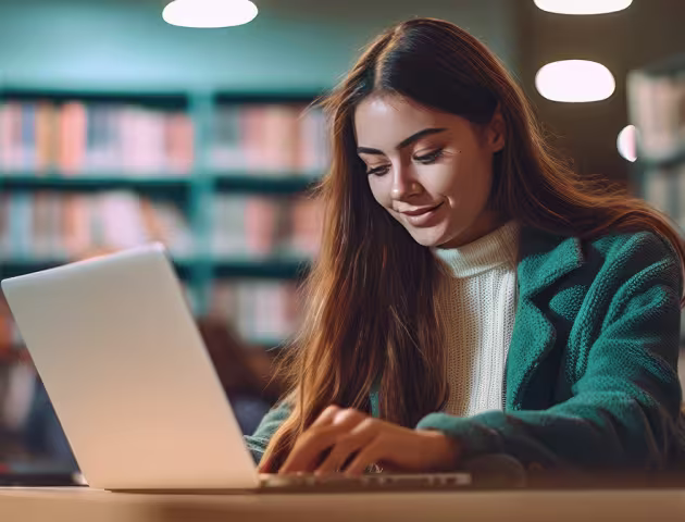 Dziewczyna z laptopem w bibliotece