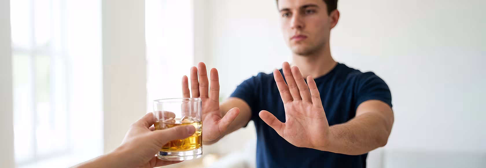 Mężczyzna zasłania rekami szklankę z alkoholem
