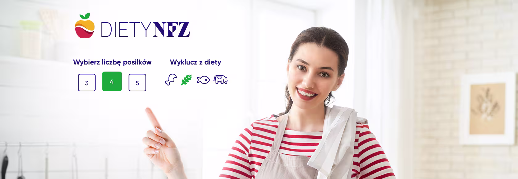 kobitea w fartuszku wskazuje logo diety nfz