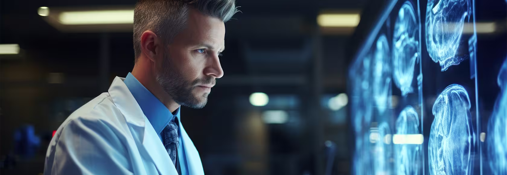 lekarz ogląda zdjęcie głowy na monitorze