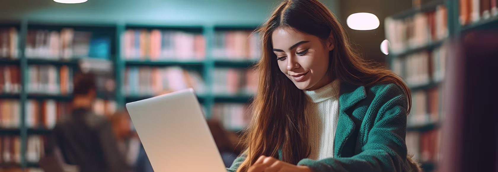 Dziewczyna z laptopem w bibliotece